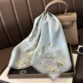 Light blue silk square scarf, elegant floral print, premium mulberry silk neckerchief. - Crystal Clear Magnolia
