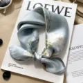Light blue silk small square scarf with white magnolia print, elegant neckerchief for women. - Graceful White Magnolia