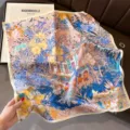 Elegant 70cm silk square scarf with vibrant architectural print. Premium women accessory. - Brazil Jungle - Blue