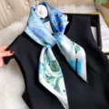 70cm blue floral silk square scarf for women, thin lightweight neckerchief and versatile shawl. - Dream Rainforest - Blue