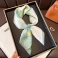 Elegant silk small square scarf with botanical print, perfect for spring and autumn wear. - Lotus Charm Light Green - Light Green