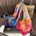 Colorful artistic print silk square scarf, premium mulberry silk neckerchief for women. - Colorful Phoenix - Red and Blue