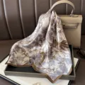 Elegant floral print mulberry silk square scarf for women, luxury fashion neckerchief accessory. - Line Drawing Camellia