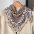Vintage paisley print square scarf in beige, 70cm silk-feel neck scarf for women spring style. - Khaki Snow Lotus