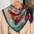 Silk feel 70cm small square scarf featuring vibrant butterfly and floral print, perfect for spring. - 15-Blooming Flowers and Dancing Butterflies