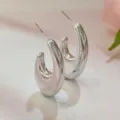 Silver C-shaped metal hoop earrings, minimalist glossy chunky design for modern daily wear. - Silver Style (A24-218R)