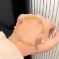 Sweet colorful crystal bracelet with cute bear charm, elegant yellow and pink beads jewelry. - Citrine
