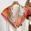 Chic pañuelo cuadrado de seda con pintura al óleo y cierre magnético, bufanda elegante - Cien Años De Armonía