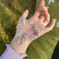 Sweet crystal glass beaded bracelet with bow and pearl heart pendant for daily sweet style. - Grass Green Series