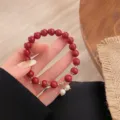 Red cinnabar bead bracelet with pearl charms, traditional Chinese style lucky jewelry. - Simple Artificial Pearl Style