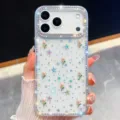 Vista detallada de funda brillante con diamantes de imitación, tiernos tulipanes 3D rosas y estrellas. - Samsung A15 / iPhone17