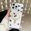 Clear IMD magnetic phone case featuring black and white floral design for iPhone series. - C2 Style (iPhone17)