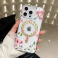 Detailed view of clear floral magnetic phone case with pink flowers and gold ring design. - C3 Style (iPhone17Pro)