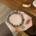 Sweet glass rose bead bracelet with cute gold charms, stylish princess style wrist jewelry. - Rose-Black
