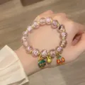 Sweet pink glass rose beaded bracelet with cute colorful enamel charms and gold beads for girls - Black Line Pink