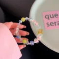 Sweet princess style crystal rose beaded bracelet with cute bear charm for women daily wear. - Simple Pink White Floral With Jasmine