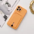 Orange silicone phone case with card holder slot and stand ring, fits iPhone models securely. - Orange / iPhone 12