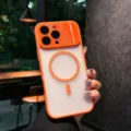 Detailed view of orange magnetic anti-drop phone case with frosted translucent back. - Orange