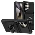 Detailed view of rugged armor phone case with built-in ring kickstand and card slot feature. - Black / S25FE