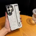 White snake skin pattern phone case with strap and stand for Samsung S24 Ultra - Silver White with Strap
