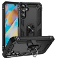 Vista detallada de la funda de telefono resistente con soporte de anillo y diseño antichoque. - Modelo: A17 / Negro