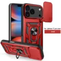 Vista detallada de la funda protectora roja resistente con deslizador de cámara y soporte. - Rojo