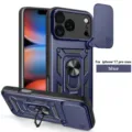 Vista detallada de la funda protectora resistente con cubierta de cámara deslizante y soporte azul. - Azul / iPhone 17 Pro Max