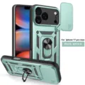 Funda de teléfono verde oscuro resistente con cubierta de cámara deslizante y anillo soporte. - Verde Oscuro / iPhone 17 Pro Max