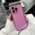 Detailed close-up of the glossy electroplated pink phone case, showing slim fit and smooth texture. - Rose Red
