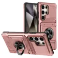 Detailed view of rugged phone case featuring built-in ring stand and card slot design. - Pink