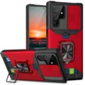 Funda protectora resistente con cubierta deslizante para camara tarjetero y anillo soporte rojo - S25FE / Rojo