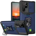 Detalle de la funda de teléfono resistente con cubierta deslizante para cámara y soporte. - S25FE / Azul