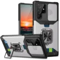 Funda protectora para Samsung con tarjetero cubierta de cámara deslizante y soporte de anillo - Plateado
