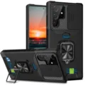 Funda de teléfono resistente con cubierta de cámara tarjetero y anillo soporte en negro. - S25FE / Negro