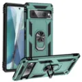 Detalle de funda de teléfono resistente con soporte de anillo metálico integrado y recortes precisos. - Verde Oscuro