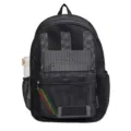 Detailed view of the black breathable mesh backpack showcasing the front zipper pocket and side. - Black