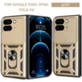 Vista detallada de la funda dorada para teléfono con soporte de anillo y cubierta de cámara. - Estilo Con Soporte De Anillo Y Deslizador De Lente / Dorado