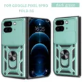 Funda verde oscura para Google Pixel 9 Pro Fold con soporte de anillo y protector - Estilo Con Soporte De Anillo Y Deslizador De Lente / Verde Oscuro