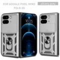 Funda protectora gris plateado con soporte de anillo y cubierta para Google Pixel 9 Pro Fold - Estilo Con Soporte De Anillo Y Deslizador De Lente / Plateado