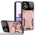 Vista detallada de funda magnética para teléfono, soporte anillo metálico y protección de lente. - Rosa