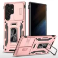 Funda de teléfono resistente rosa con cubierta de cámara y soporte para Samsung. - S25EDGE / Rosa oro