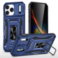 Rugged armored phone case with ring kickstand and camera cover protection design. - iPhone 17 Pro Max / Navy Blue