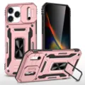 Pink rugged phone case for iPhone with ring stand, camera cover, and heavy-duty armor protection. - iPhone 17 Pro Max / Rose Gold