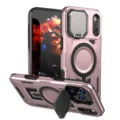 Funda protectora robusta rosa con cubierta de cámara magnética y soporte para iPhone - Diseño de cámara oro rosa sólido