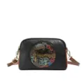 Retro embossed women cross-body pillow bag with chic vintage round tooling art pattern. - Black