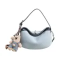 Light blue denim shoulder bag for women with cute plush bear pendant and leather trim. - Blue with Pendant