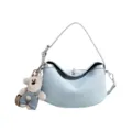 Light blue denim shoulder bag with silver trim and cute bear pendant, stylish hobo bag. - Silver with Charm
