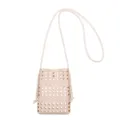 Beige woven hollow crossbody bag, stylish mini shoulder bag with long strap and chic design. - White