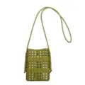 Green woven leather crossbody bag stylish hollow phone bag with long strap for women. - Green