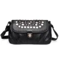 Stylish black leather shoulder crossbody bag featuring metal studs and lock closure. - Black